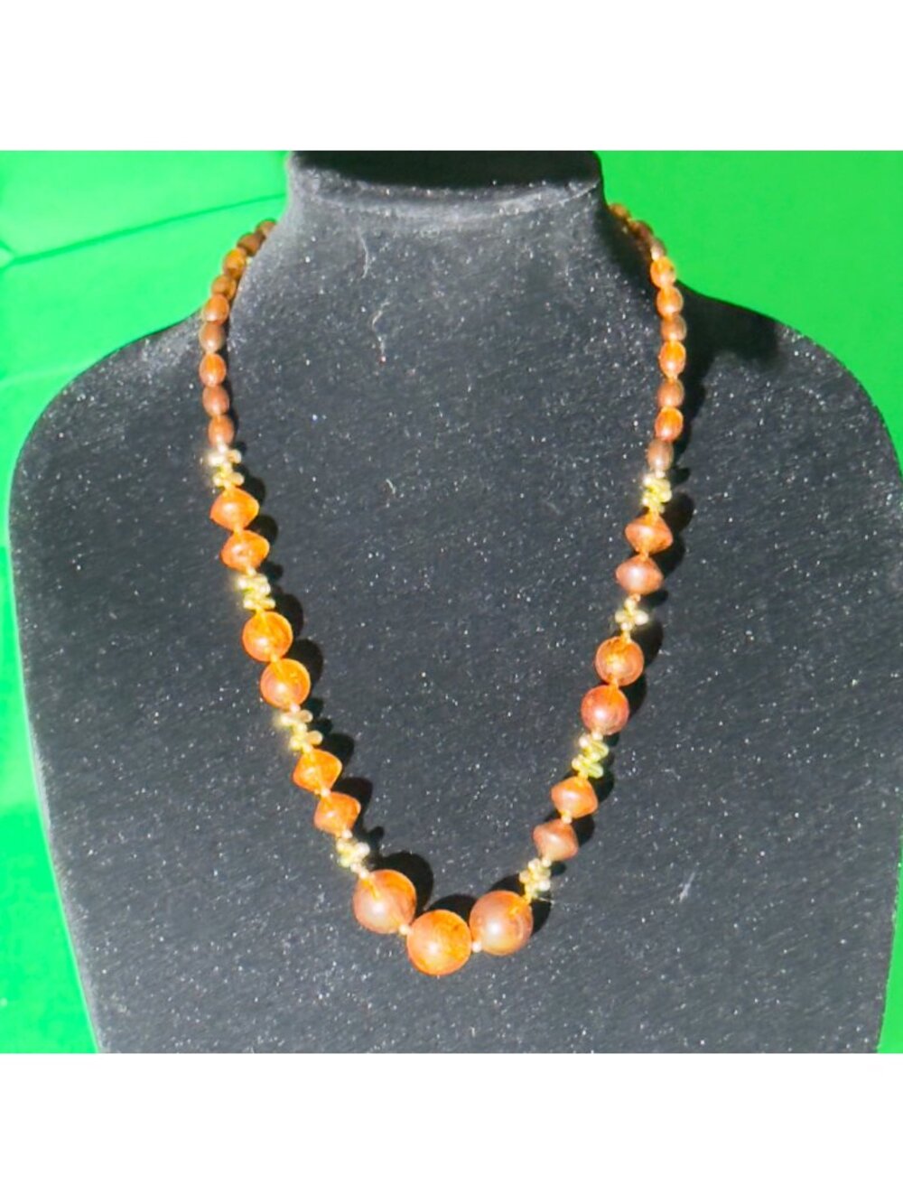 Vintage Amber Bead Necklace With Gold-Tone Accents & Hook Clasp